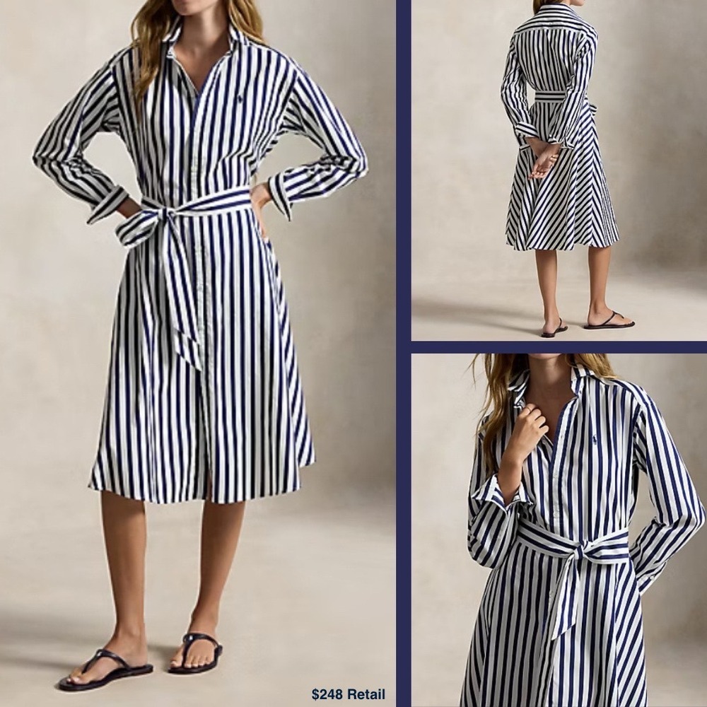 POLO RALPH LAUREN Belted Wide-Stripe Cotton Shirtdress Size 6 Preppy Old Money